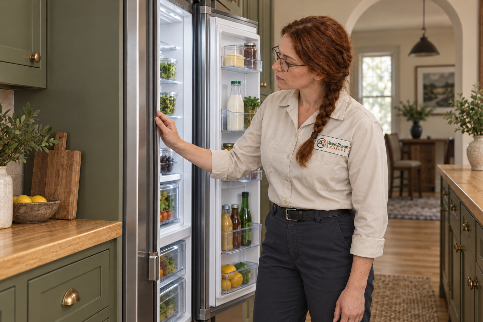 Fictional technician beside a Viking refrigerator — AI illustration for Viking Repair Ardsley