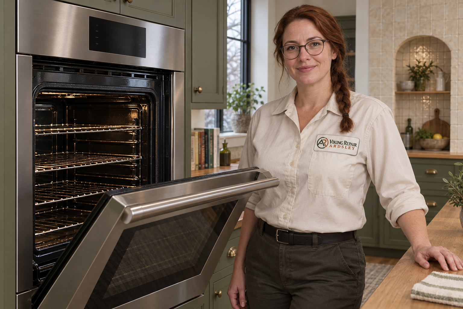 Fictional technician beside a Monogram oven — AI illustration for Viking Repair Ardsley